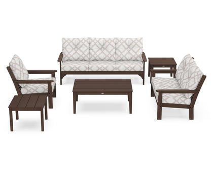 POLYWOOD® Vineyard 6-Piece Deep Seating Set in Mahogany / Trellis Dune Burlap