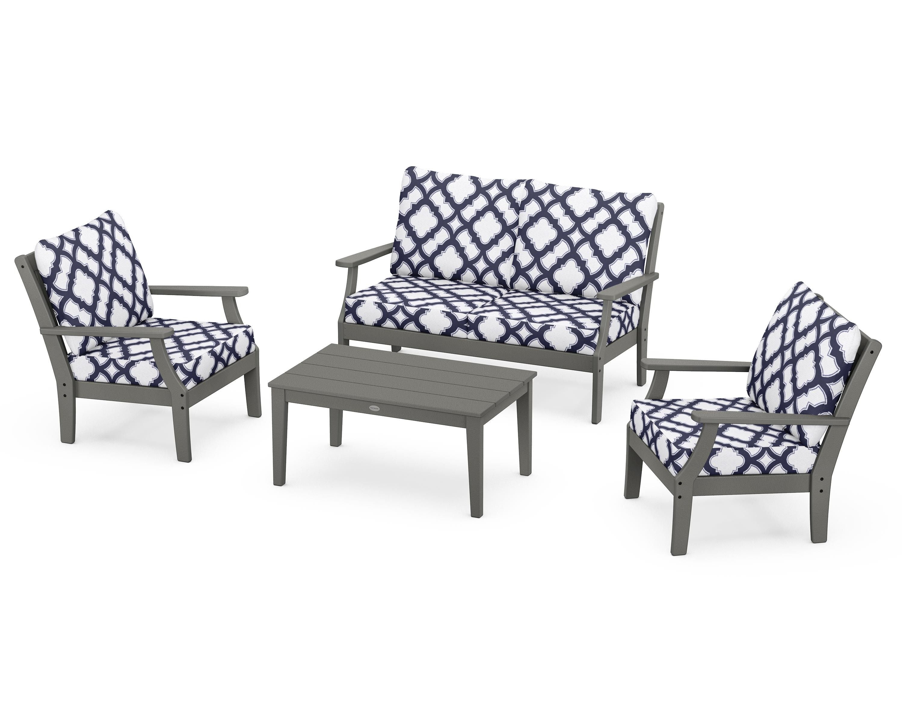 POLYWOOD® Braxton 4-Piece Deep Seating Chair Set in Slate Grey / Trellis Navy