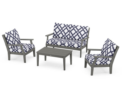 POLYWOOD® Braxton 4-Piece Deep Seating Chair Set in Slate Grey / Trellis Navy