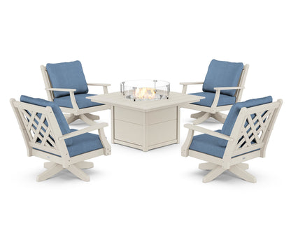 Country Living Wovendale 5-Piece Deep Seating Swivel Conversation Set with Fire Pit Table in Sand / Sky Blue