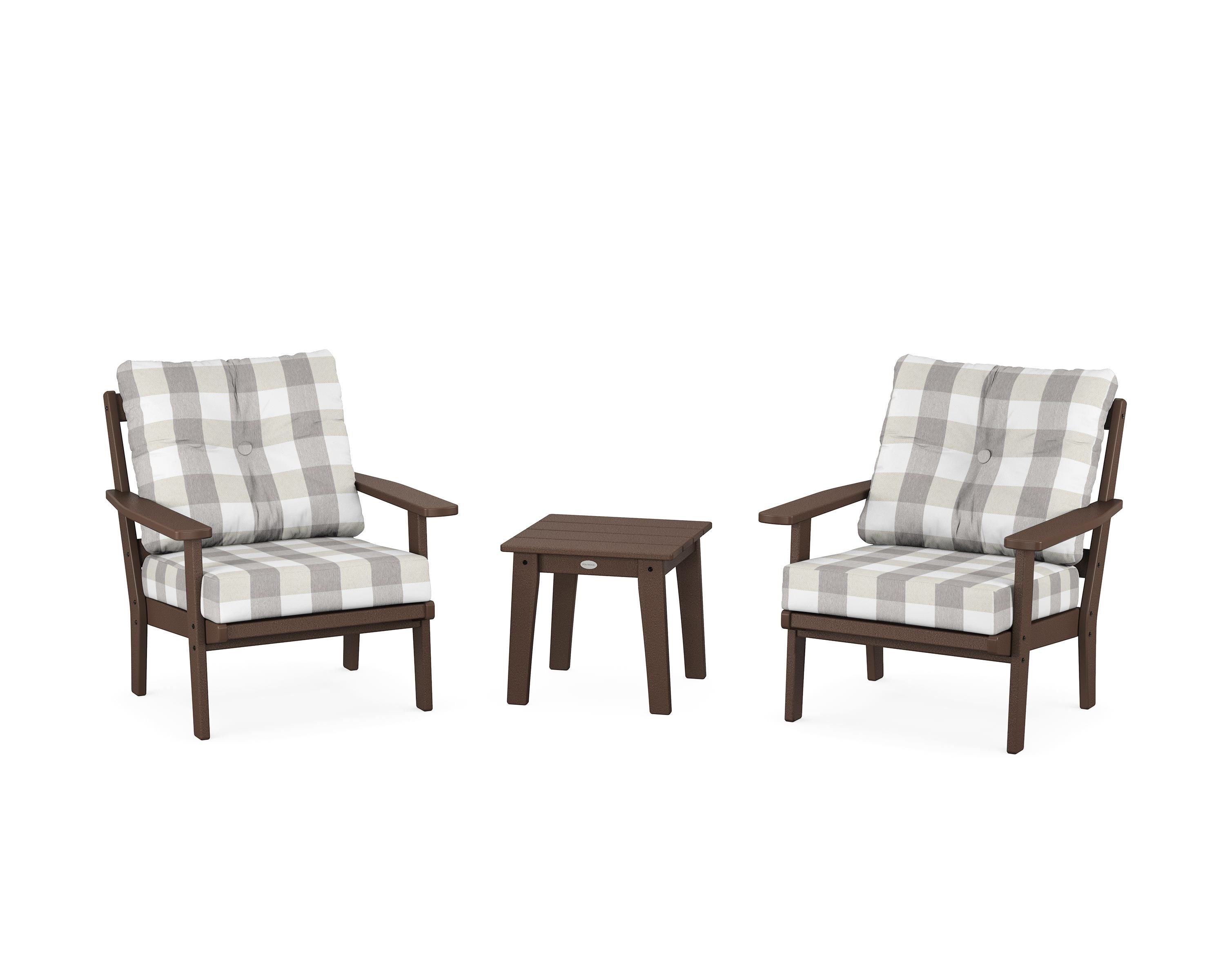 POLYWOOD® Oxford 3-Piece Deep Seating Set in Mahogany / Buffalo Plaid Grey Mist