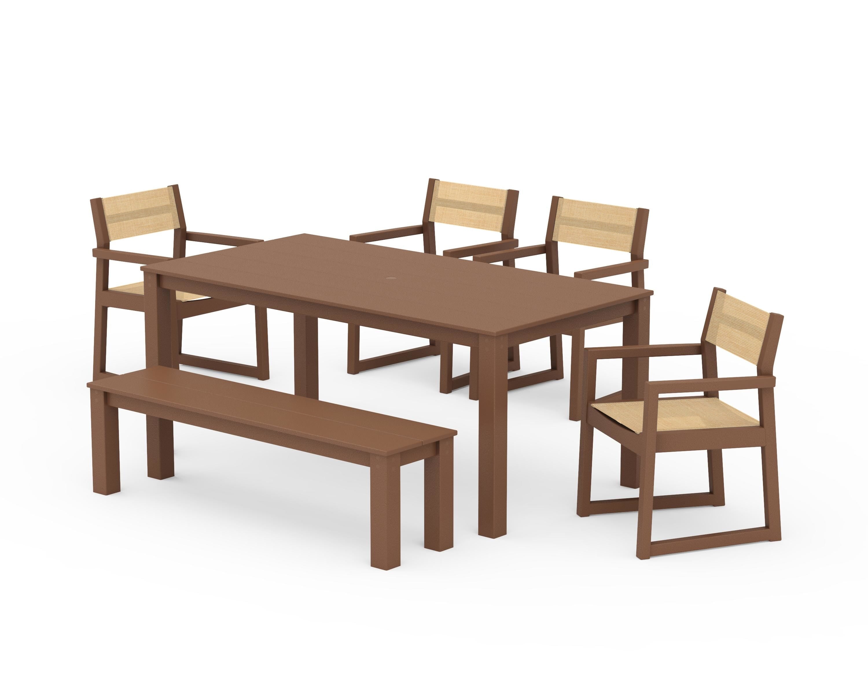 POLYWOOD® EDGE Sling Arm Chair 6-Piece Parsons Dining Set with Bench in Teak / Dupioni Apricot Sling