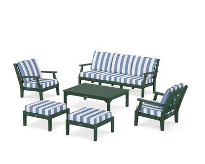 Martha Stewart by POLYWOOD® Chinoiserie 6-Piece Lounge Sofa Set in Green / Cabana Stripe Sky Blue