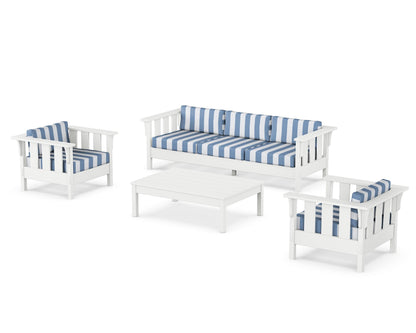 Martha Stewart by POLYWOOD® Acadia 4-Piece Deep Seating Set with Sofa in White / Cabana Stripe Sky Blue