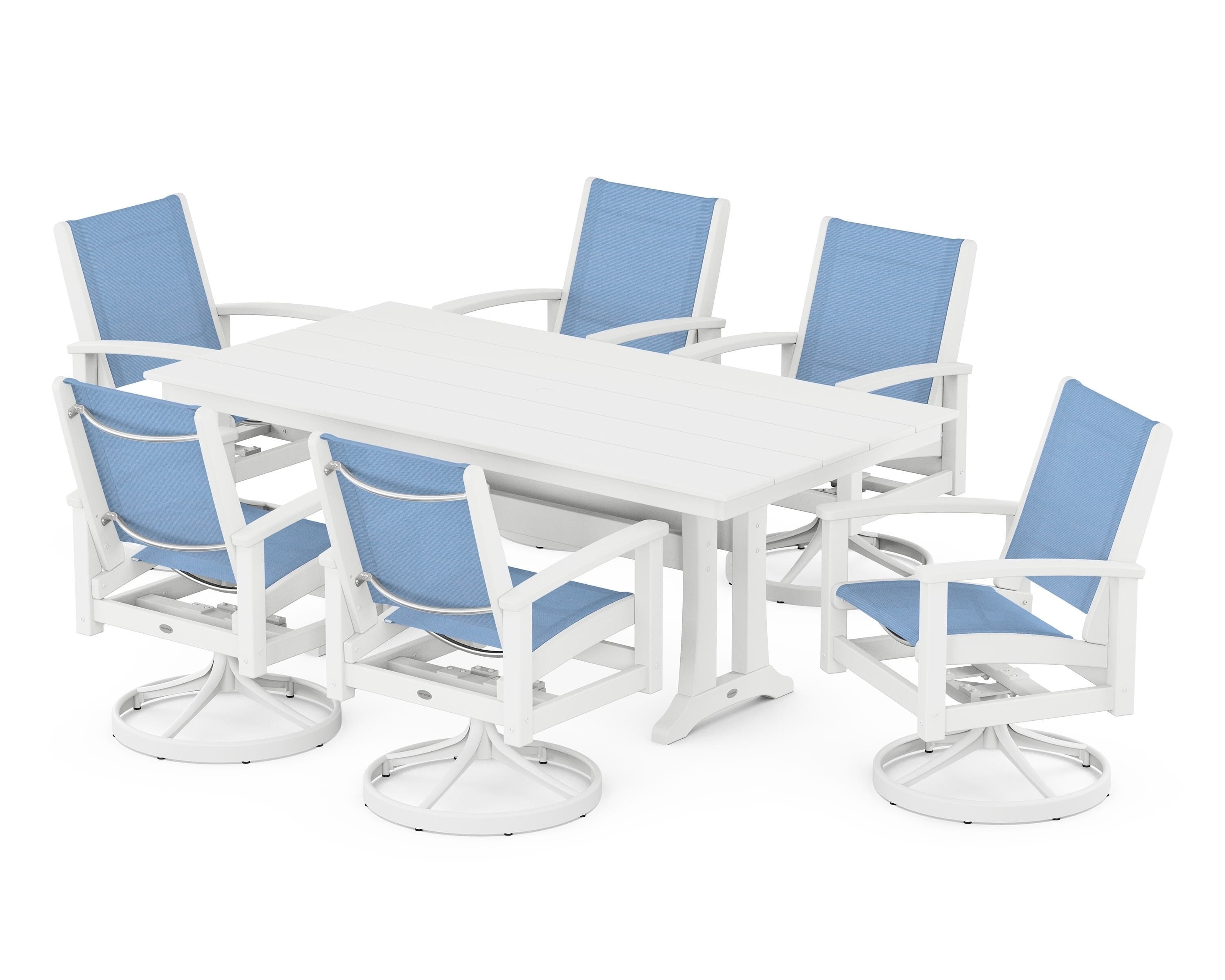 POLYWOOD® 7 Piece Coastal Swivel Rocker Dining Set in Satin White / White / Poolside Sling