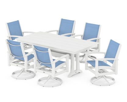 POLYWOOD® 7 Piece Coastal Swivel Rocker Dining Set in Satin White / White / Poolside Sling