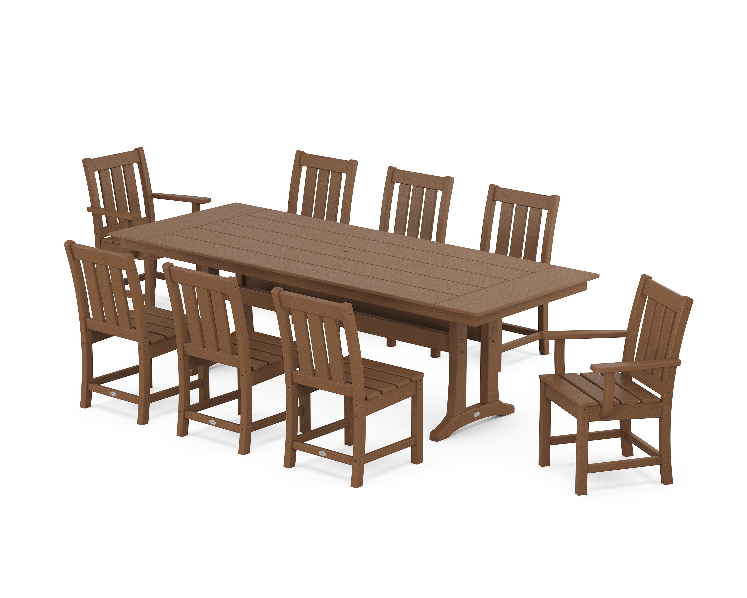 POLYWOOD® Oxford 9-Piece Farmhouse Dining Set with Trestle Legs in Teak