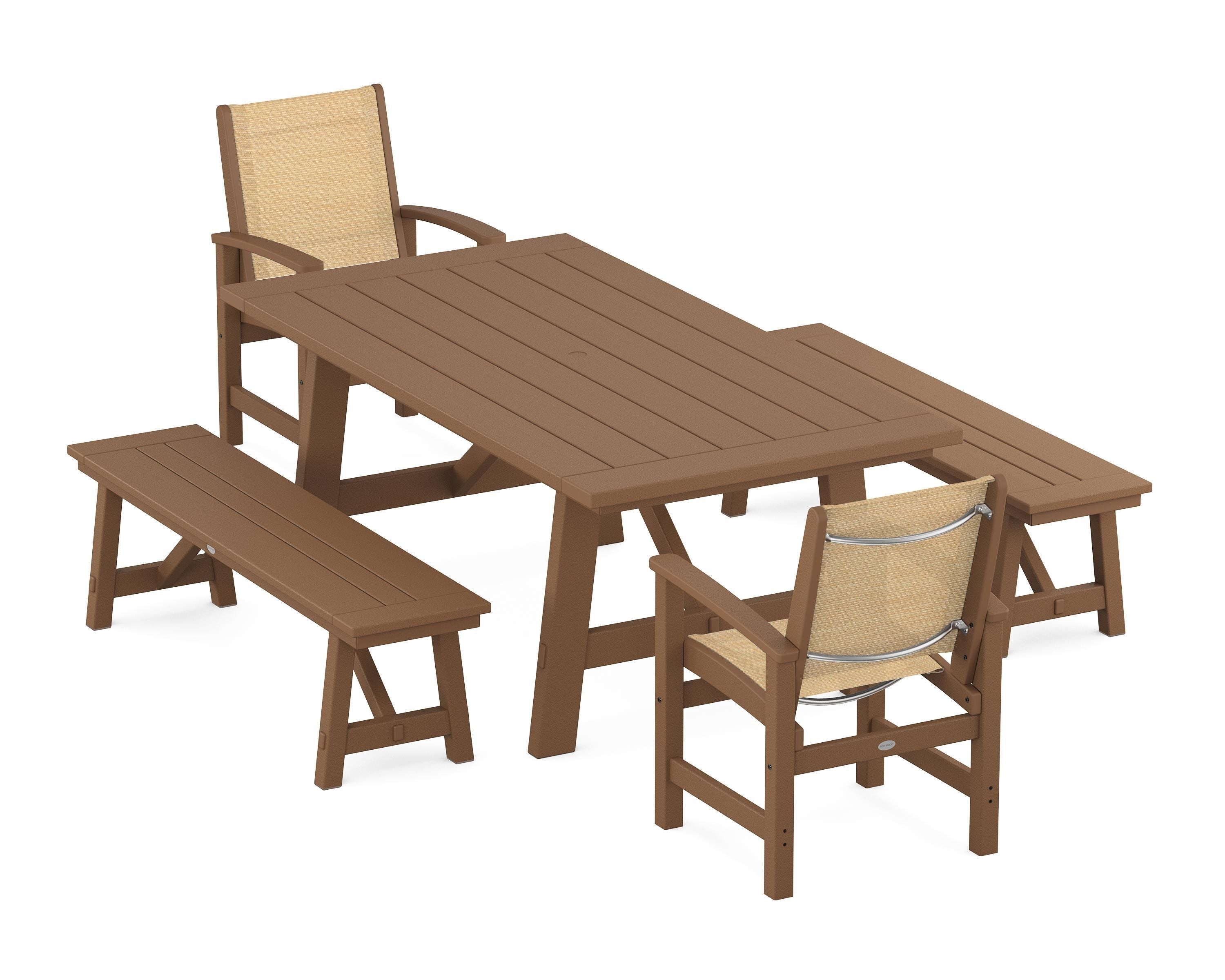 POLYWOOD® Coastal 5-Piece Rustic Farmhouse Dining Set With Benches in Teak / Dupioni Apricot Sling