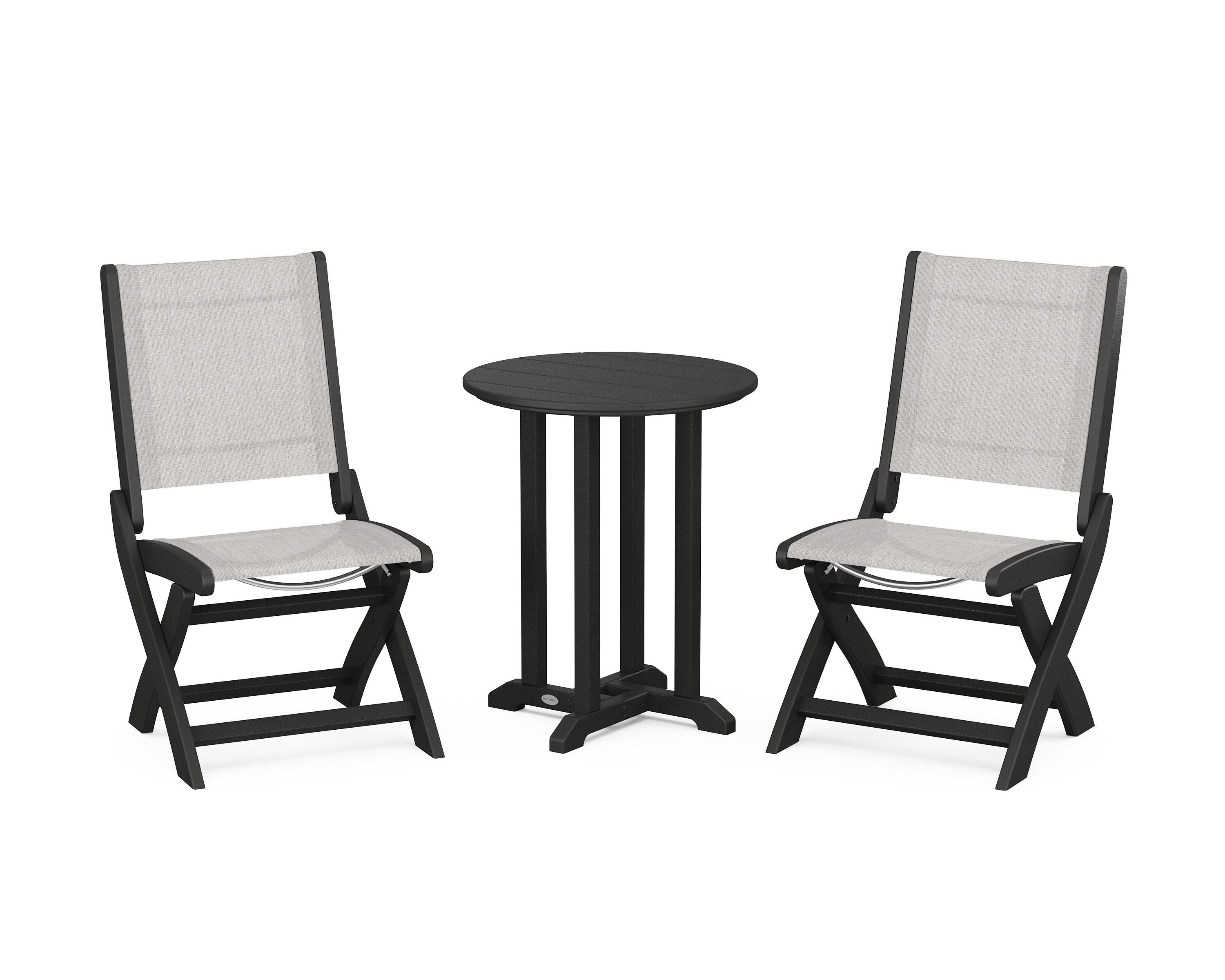 POLYWOOD® Coastal Folding Side Chair 3-Piece Round Bistro Dining Set in Black / Parchment Sling