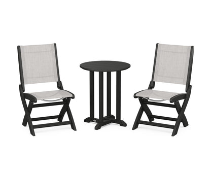 POLYWOOD® Coastal Folding Side Chair 3-Piece Round Bistro Dining Set in Black / Parchment Sling