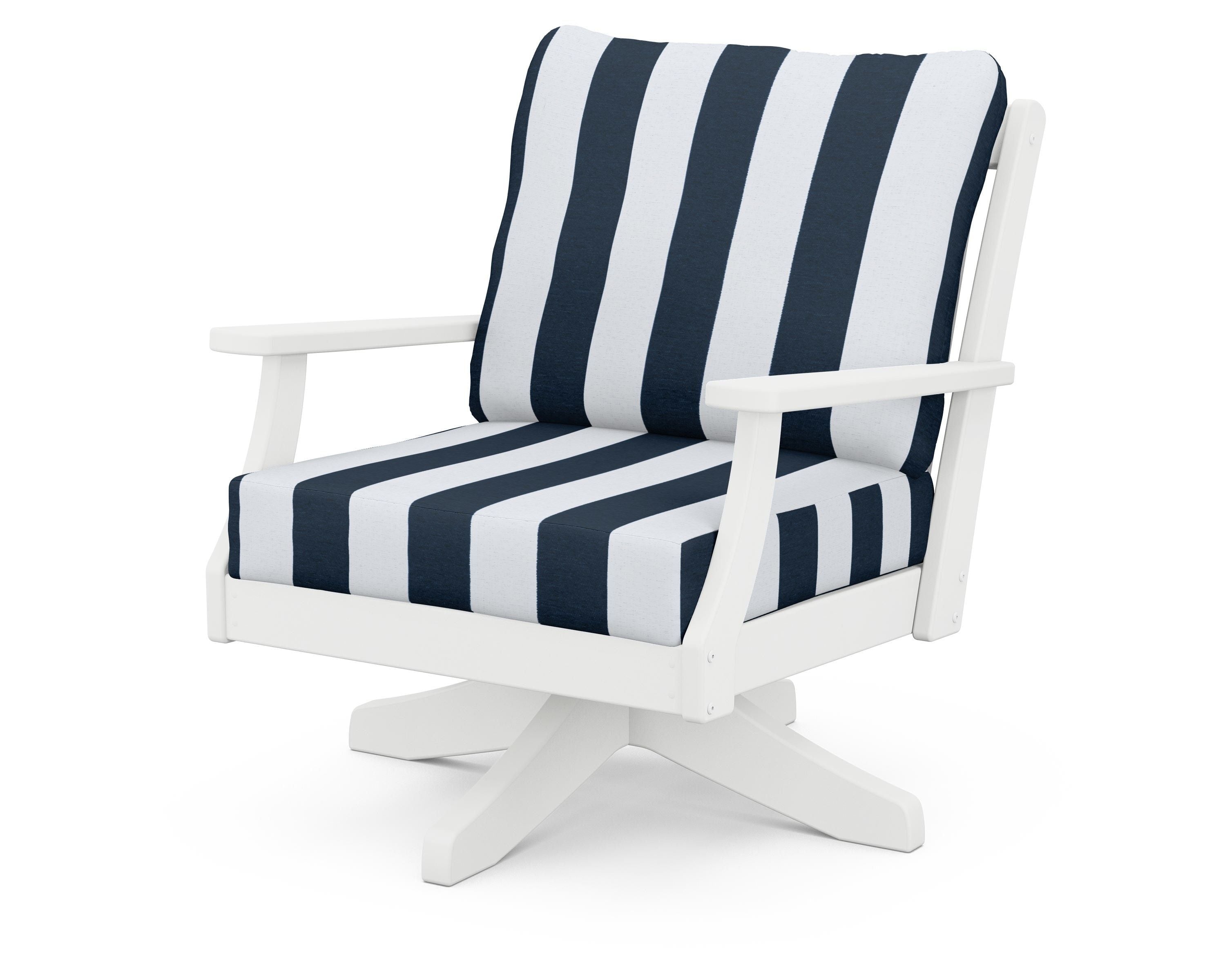 POLYWOOD® Braxton Deep Seating Swivel Chair in White / Cabana Stripe Marine Indigo