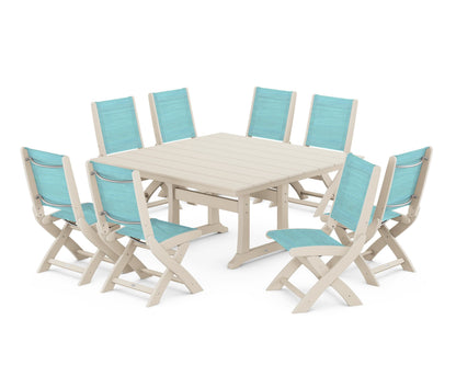 POLYWOOD® Coastal Folding Side Chair 9-Piece Farmhouse Dining Set in Sand / Dupioni Aquamarine Sling