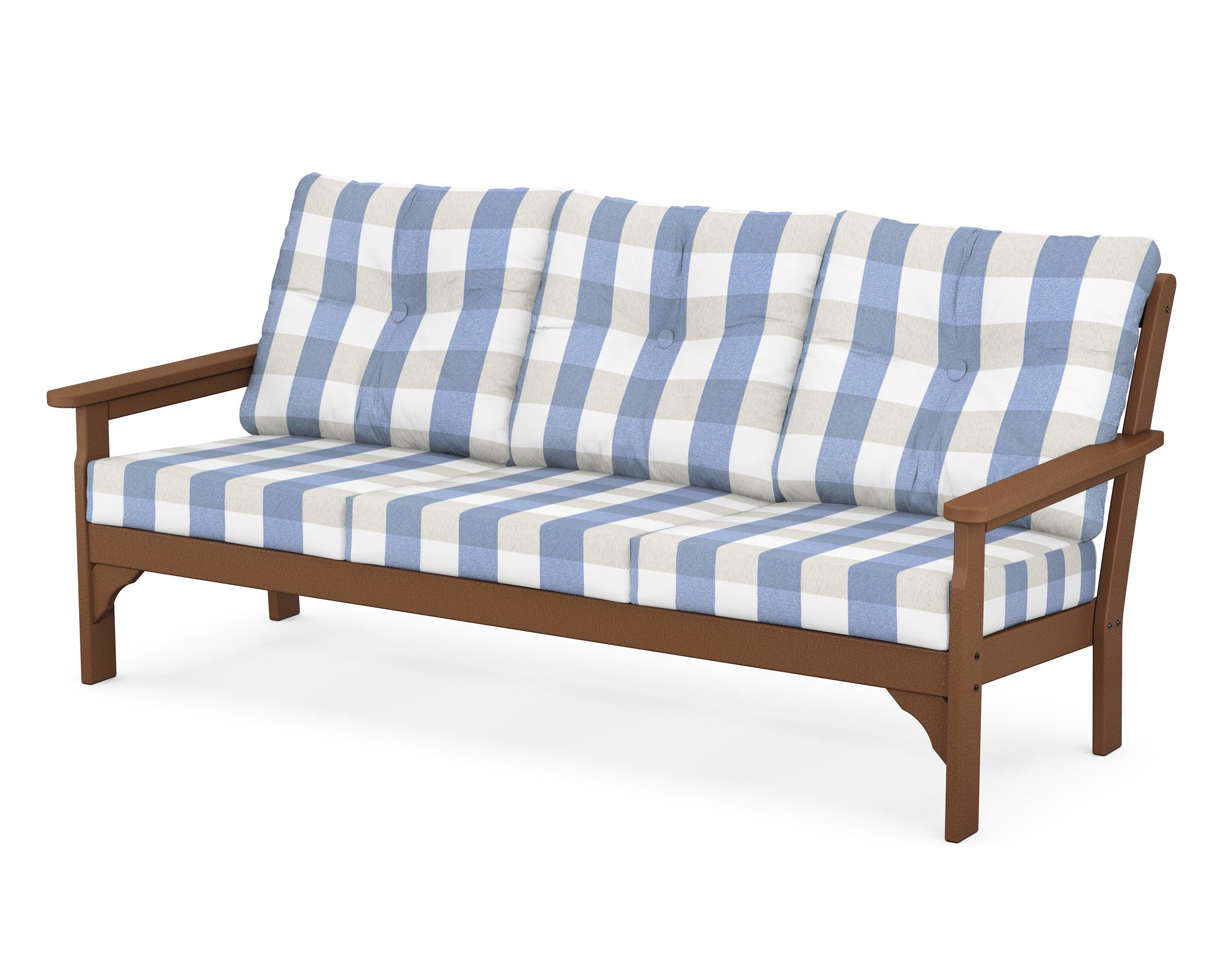 POLYWOOD® Vineyard Deep Seating Sofa in Teak / Buffalo Plaid Sky Blue