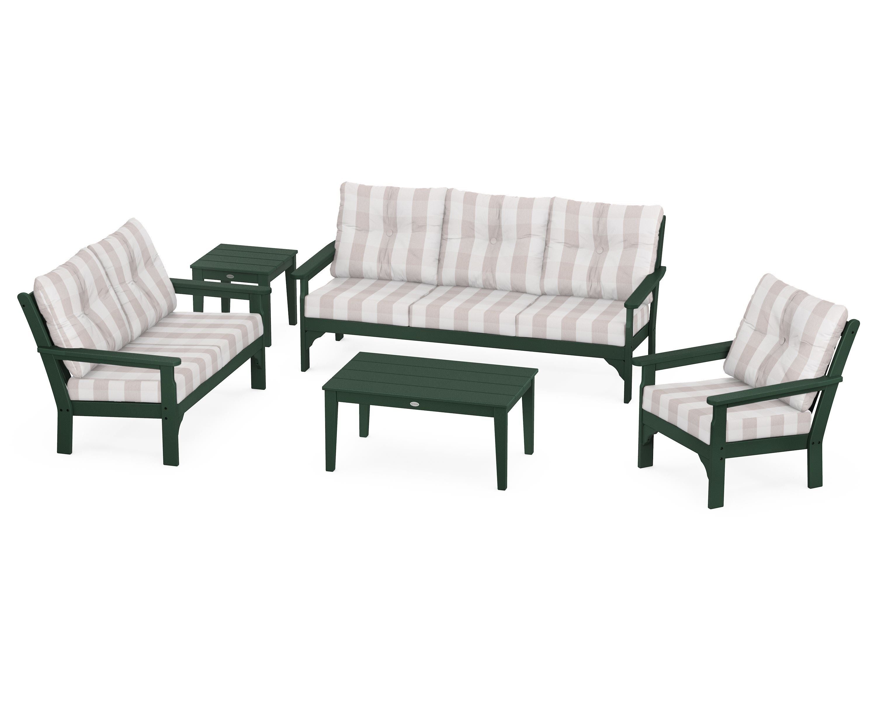 POLYWOOD® Vineyard 5 Piece Deep Seating Set in Green / Buffalo Plaid Dune Burlap