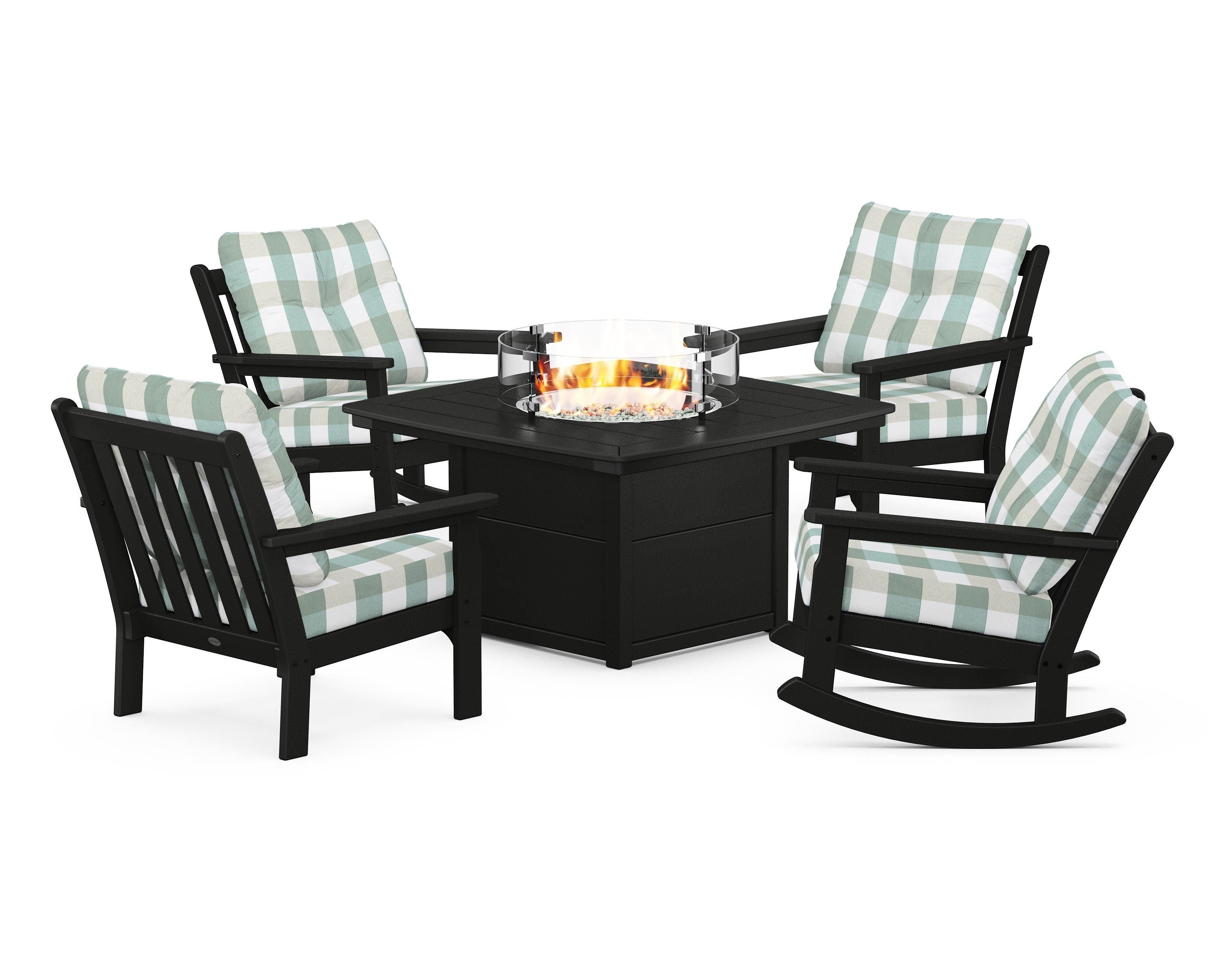 POLYWOOD® Vineyard 5-Piece Deep Seating Rocking Chair Conversation Set with Fire Pit Table in Black / Buffalo Plaid Glacier Spa