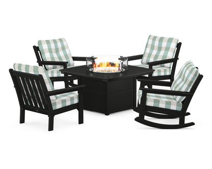 POLYWOOD® Vineyard 5-Piece Deep Seating Rocking Chair Conversation Set with Fire Pit Table in Black / Buffalo Plaid Glacier Spa
