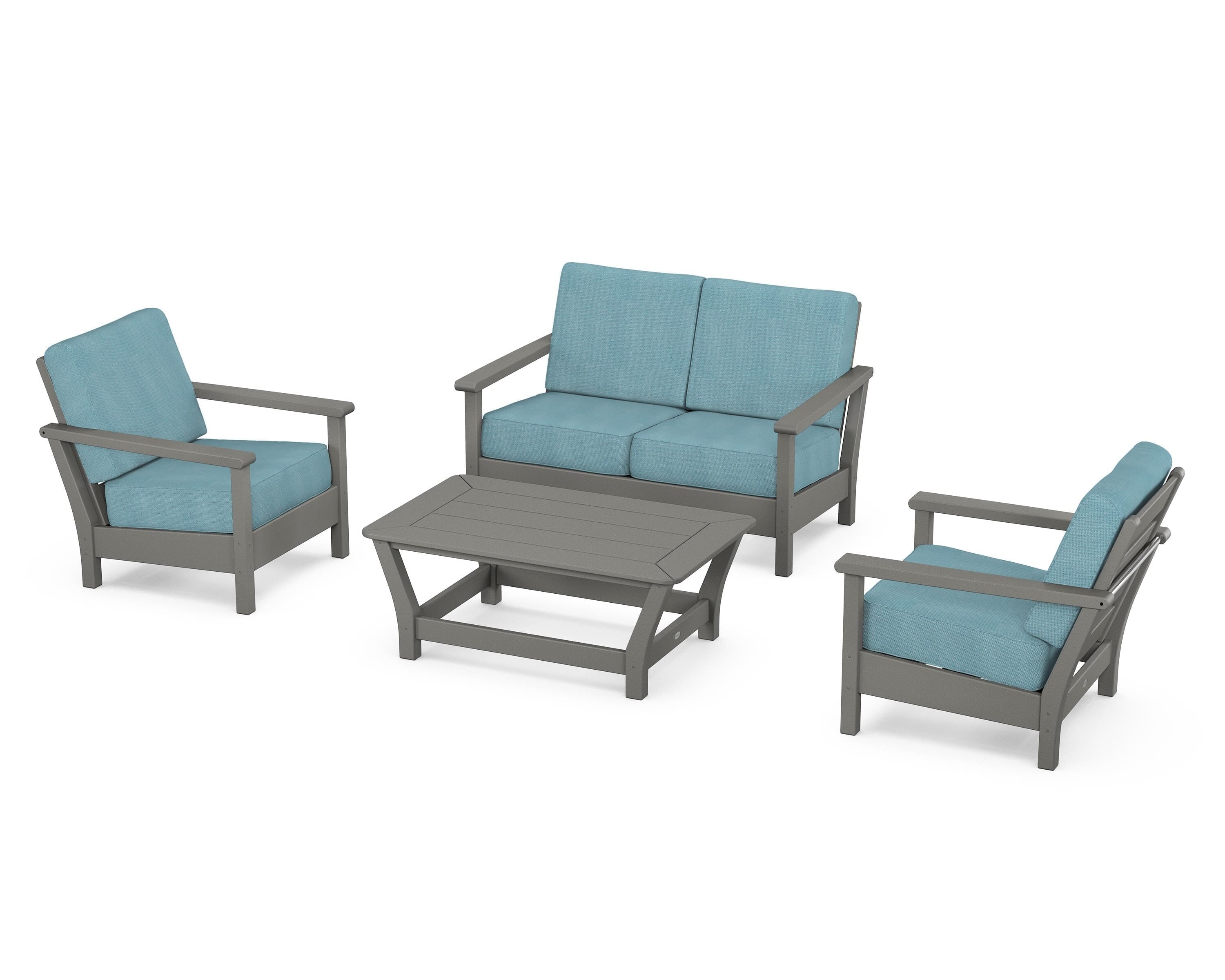 POLYWOOD® Harbour 4-Piece Deep Seating Set in Slate Grey / Lattice Sky Blue