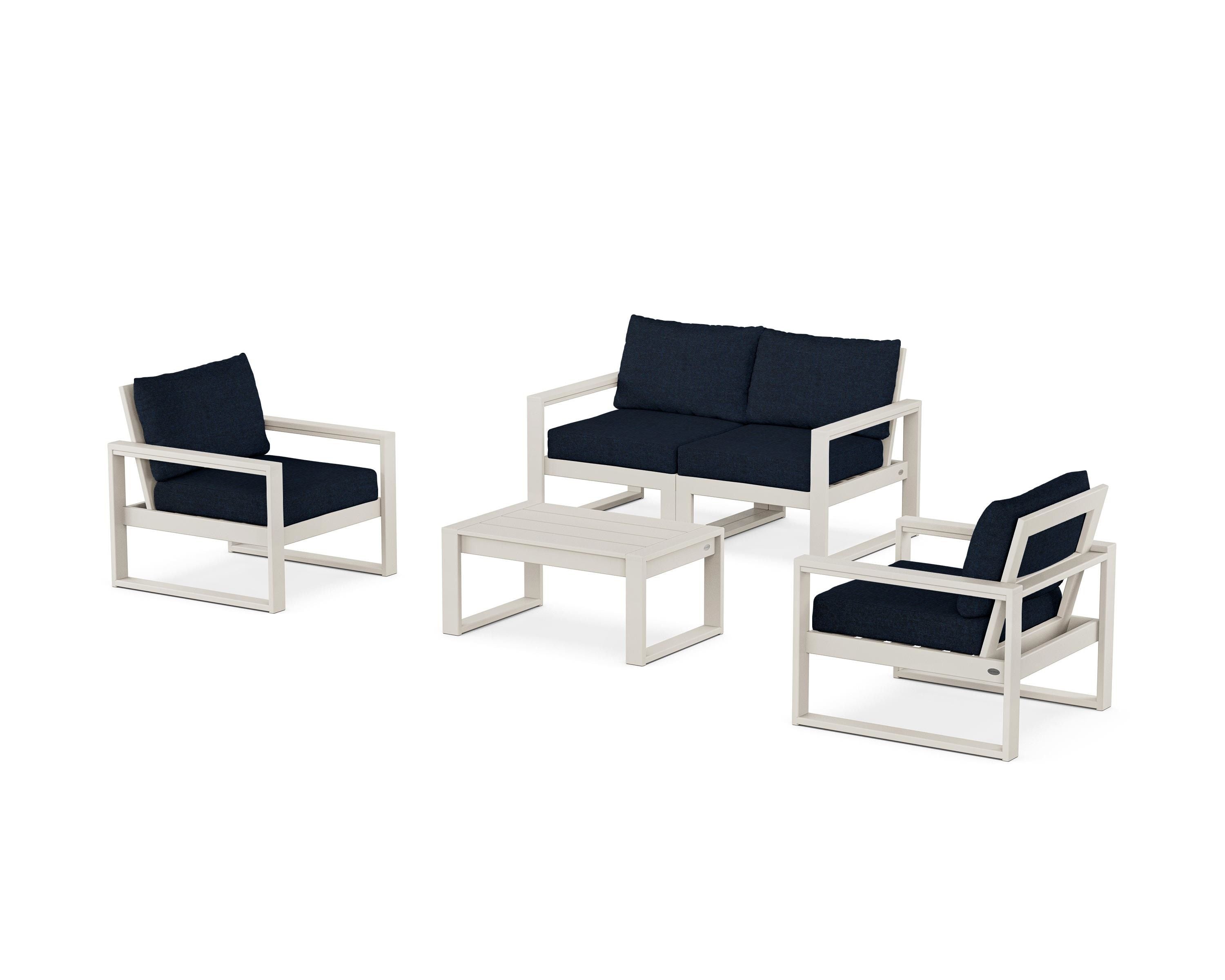 POLYWOOD® EDGE Sectional 4-Piece Deep Seating Set with Loveseat in Sand / Marine Indigo