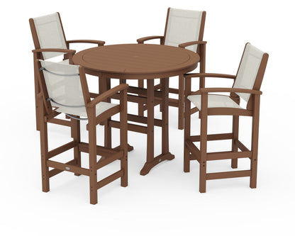 POLYWOOD® Coastal 5-Piece Nautical Trestle Bar Set in Teak / Parchment Sling