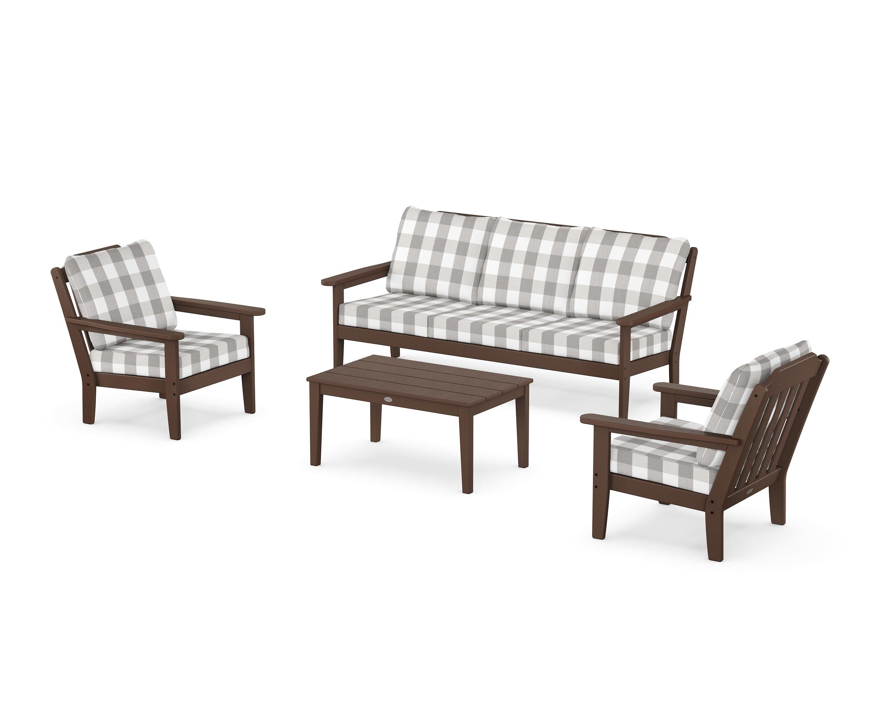 Country Living Cottage 4-Piece Deep Seating Set with Sofa in Mahogany / Buffalo Plaid Grey Mist