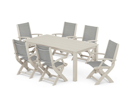 POLYWOOD® Coastal Folding Chair 7-Piece Parsons Dining Set in Sand / Metallic Sling
