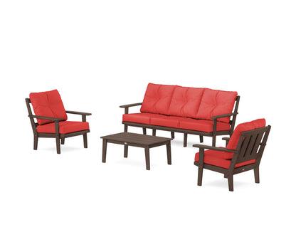 POLYWOOD® Oxford 4-Piece Deep Seating Set with Sofa in Mahogany / Crimson Linen