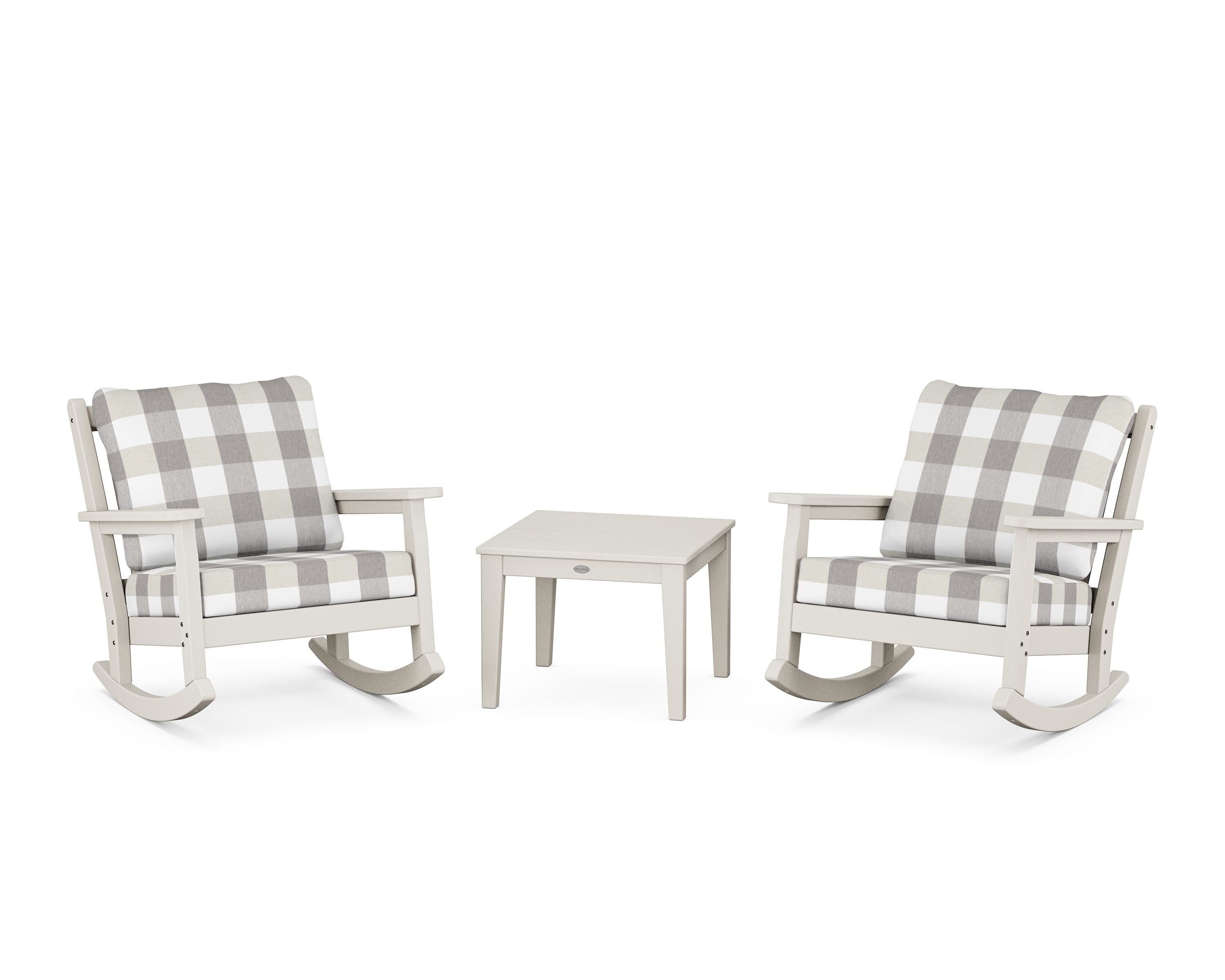 POLYWOOD® Chippendale 3-Piece Deep Seating Rocker Set in Sand / Buffalo Plaid Grey Mist
