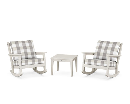 POLYWOOD® Chippendale 3-Piece Deep Seating Rocker Set in Sand / Buffalo Plaid Grey Mist