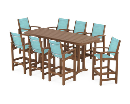 POLYWOOD® Coastal 9-Piece Bar Set with Trestle Legs in Teak / Dupioni Aquamarine Sling
