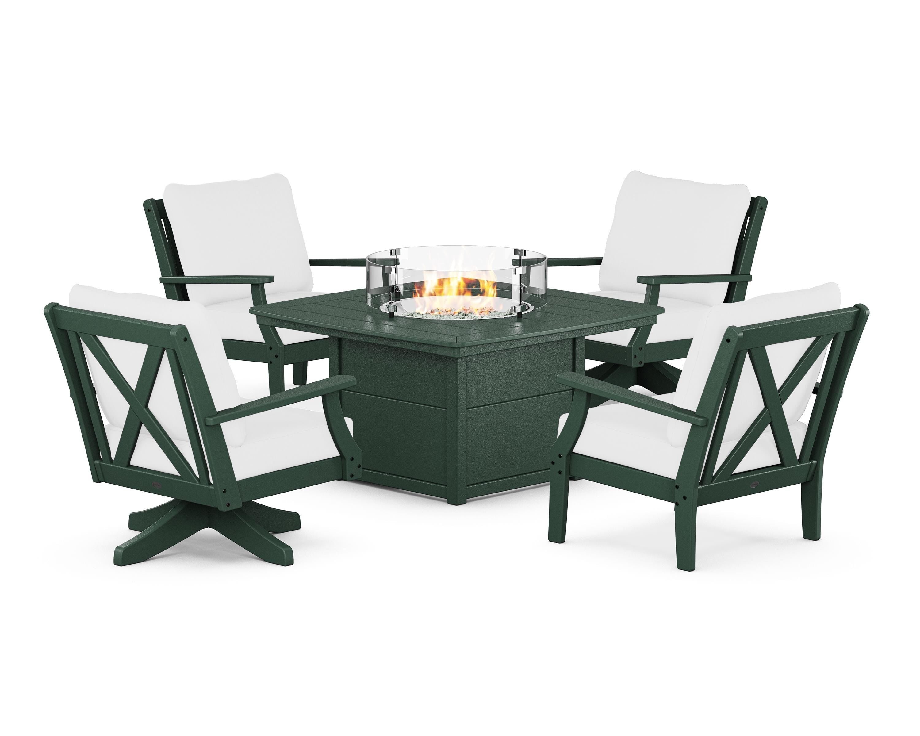 POLYWOOD® Braxton 5-Piece Deep Seating Set with Fire Table in Green / Natural