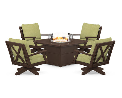 POLYWOOD® Braxton 5-Piece Deep Seating Swivel Conversation Set with Fire Pit Table in Mahogany / Chartreuse Boucle