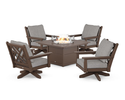 POLYWOOD® Chippendale 5-Piece Deep Seating Swivel Conversation Set with Fire Pit Table in Mahogany / Grey Mist