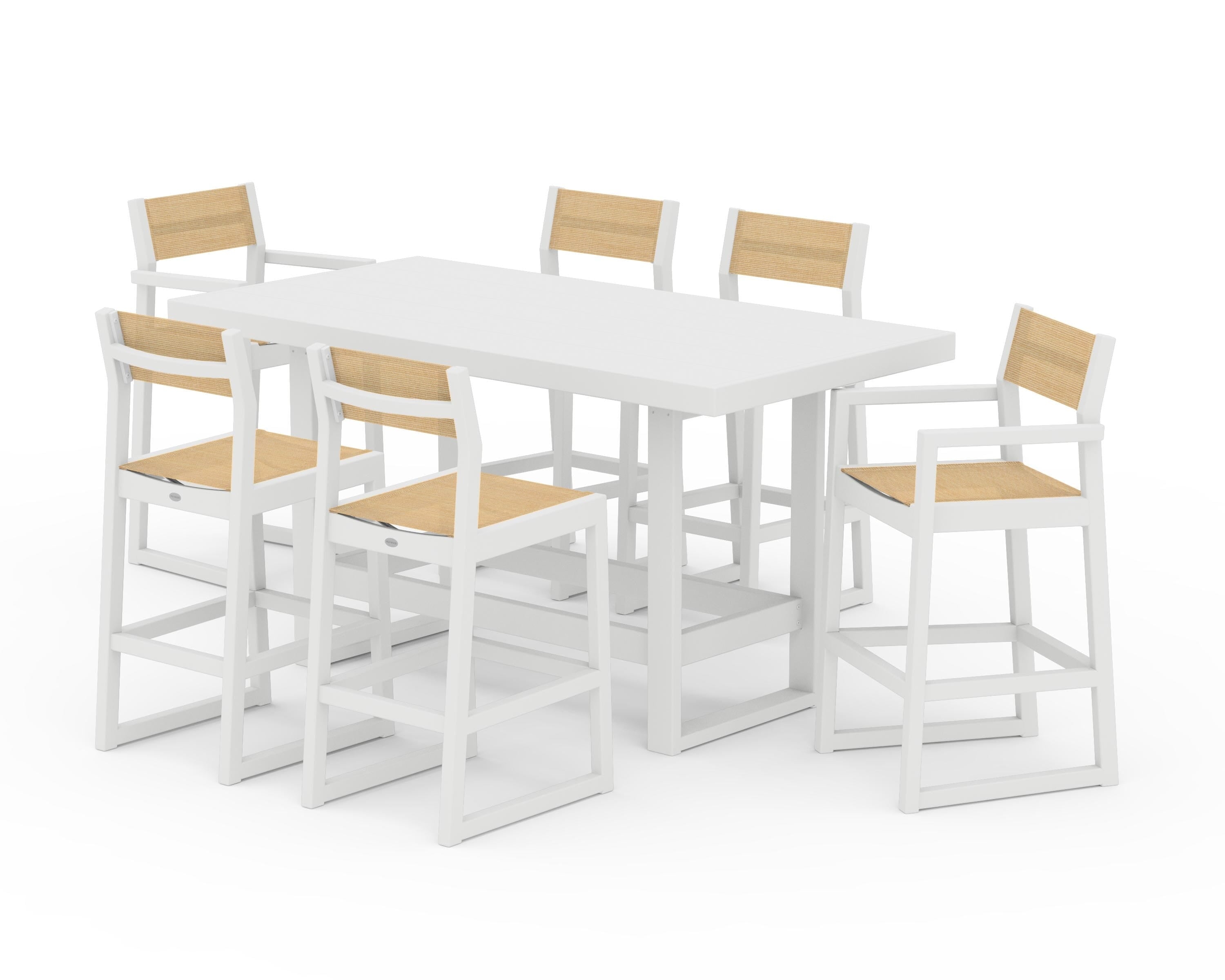 POLYWOOD® EDGE Sling 7-Piece Bar Table Set in White / Dupioni Apricot Sling