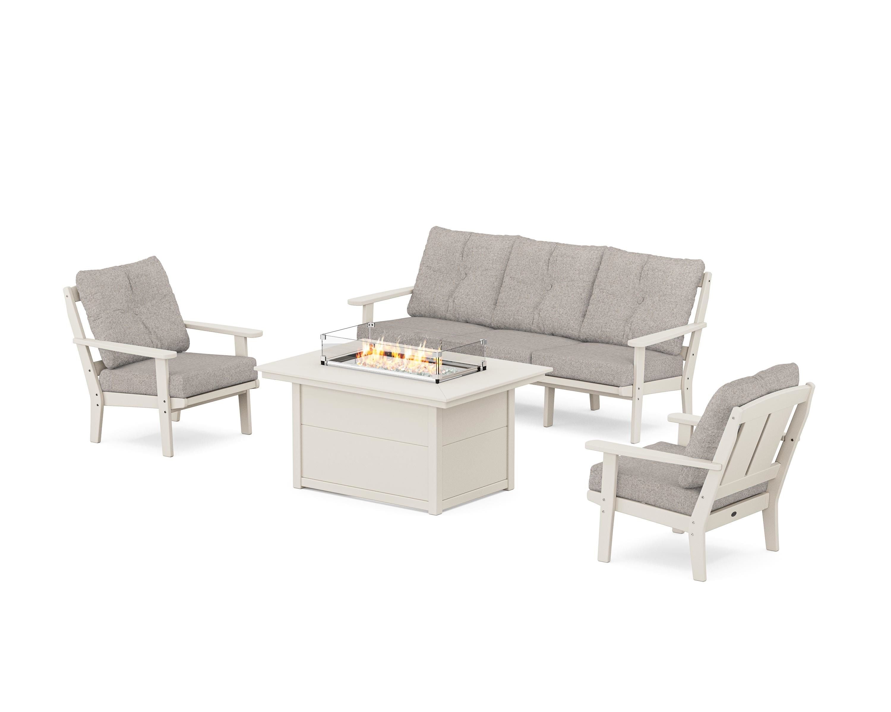 POLYWOOD® Mission Deep Seating Fire Pit Table Set in Sand / Weathered Tweed