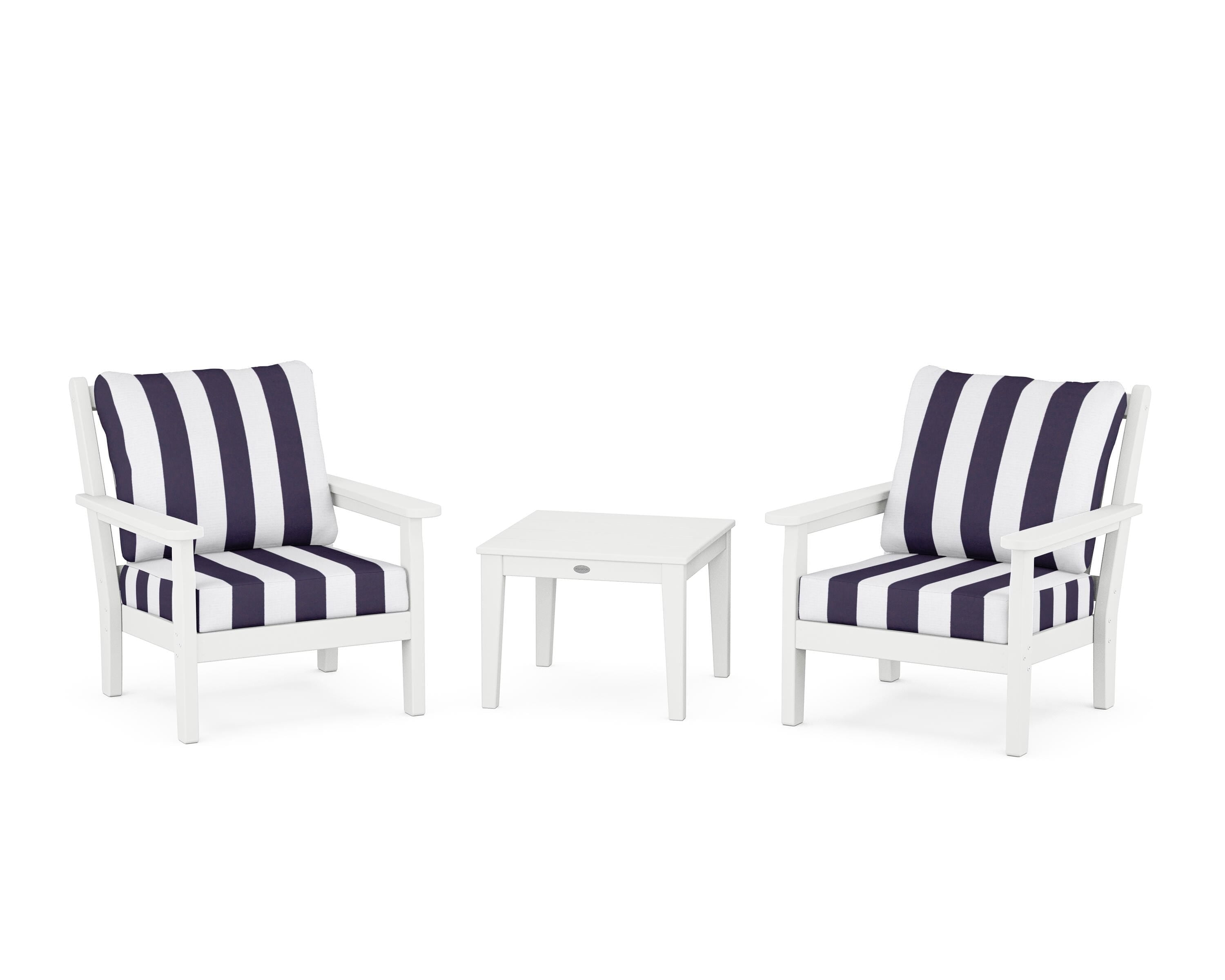 POLYWOOD® Chippendale 3-Piece Deep Seating Set in White / Cabana Stripe Navy