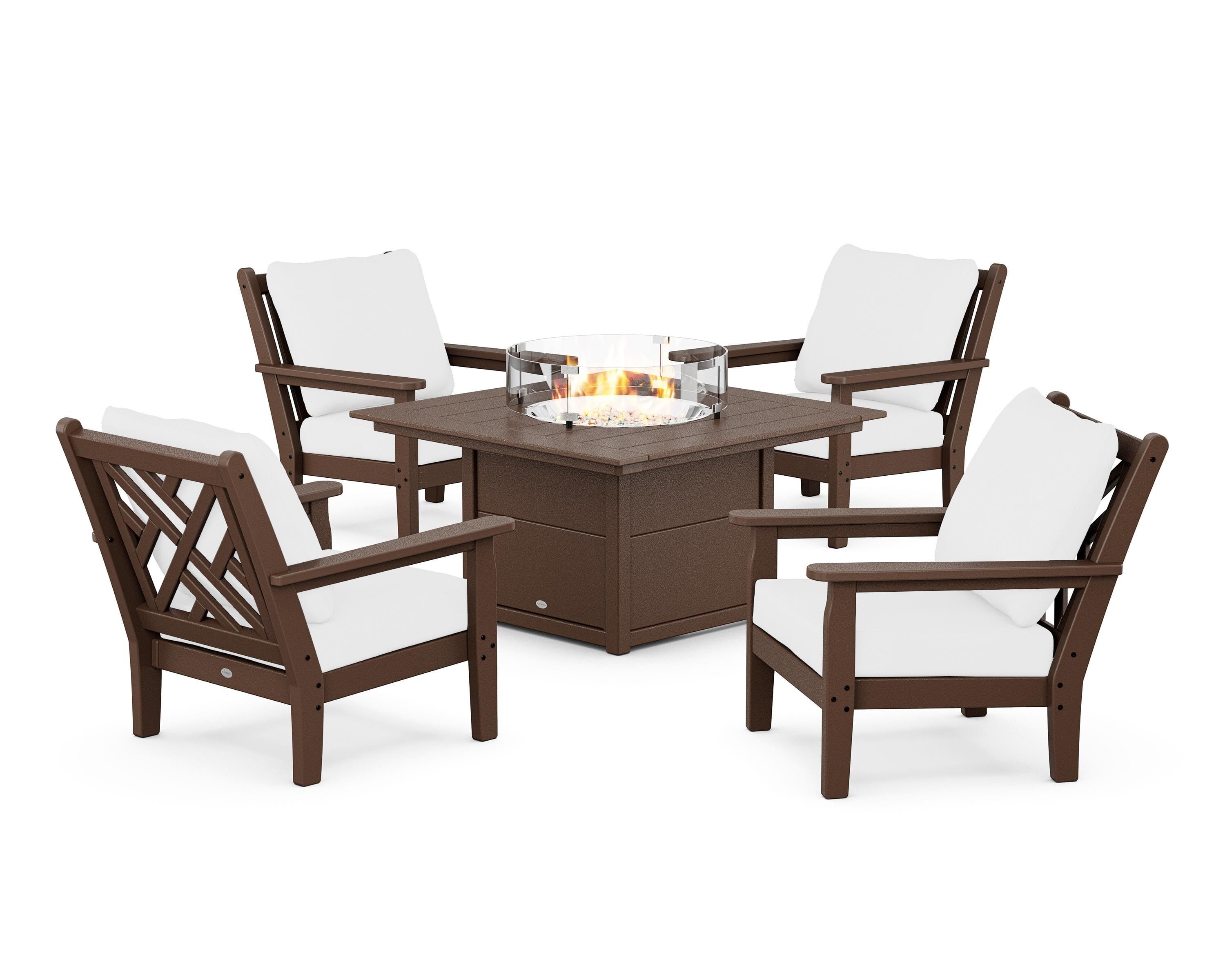 POLYWOOD® Chippendale 5-Piece Deep Seating Set with Fire Pit Table in Mahogany / Natural