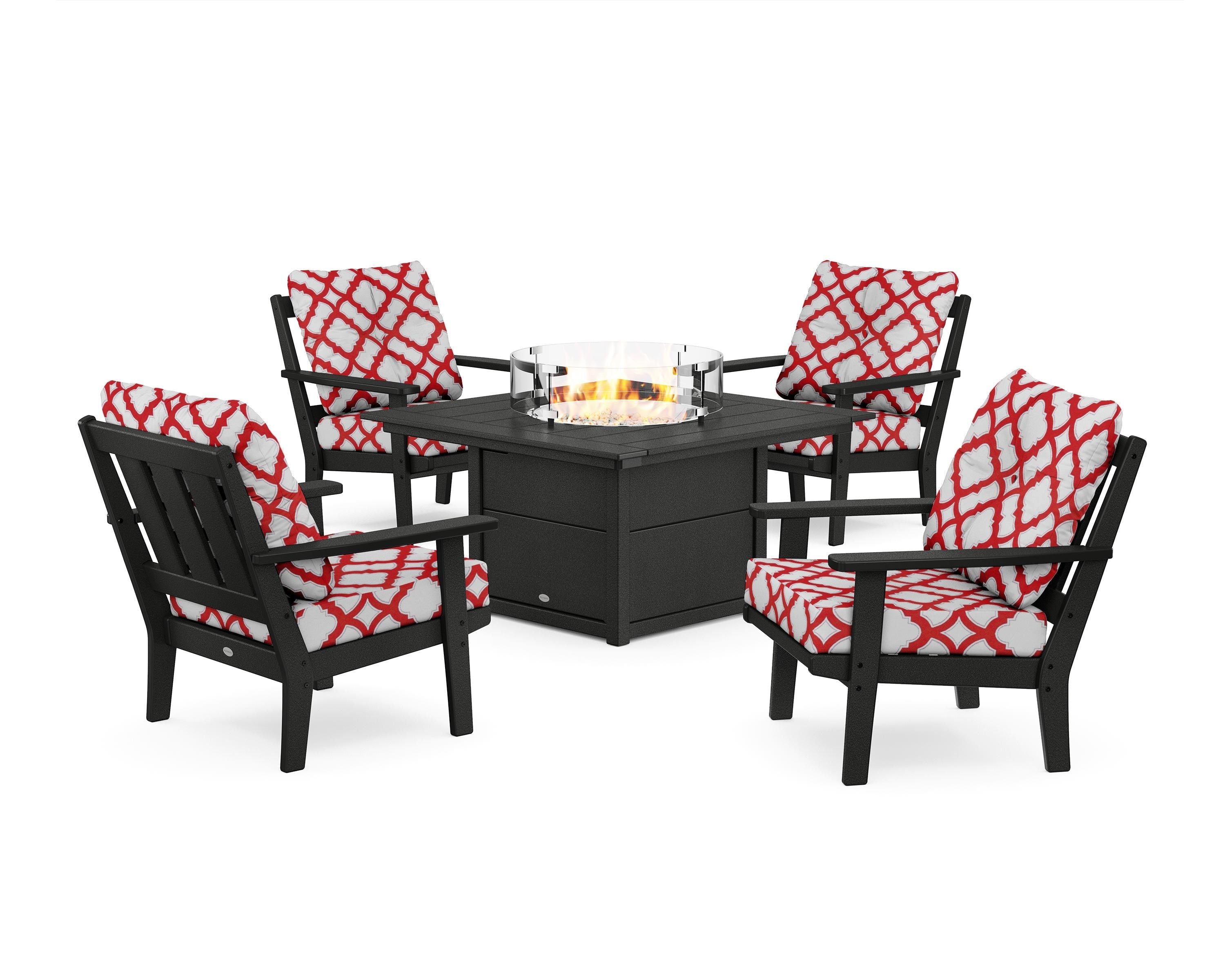 POLYWOOD® Oxford 5-Piece Deep Seating Set with Fire Pit Table in Black / Trellis Crimson