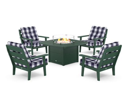 POLYWOOD® Lakeside 5-Piece Deep Seating Set with Nautical Fire Pit Table in Green / Buffalo Plaid Navy