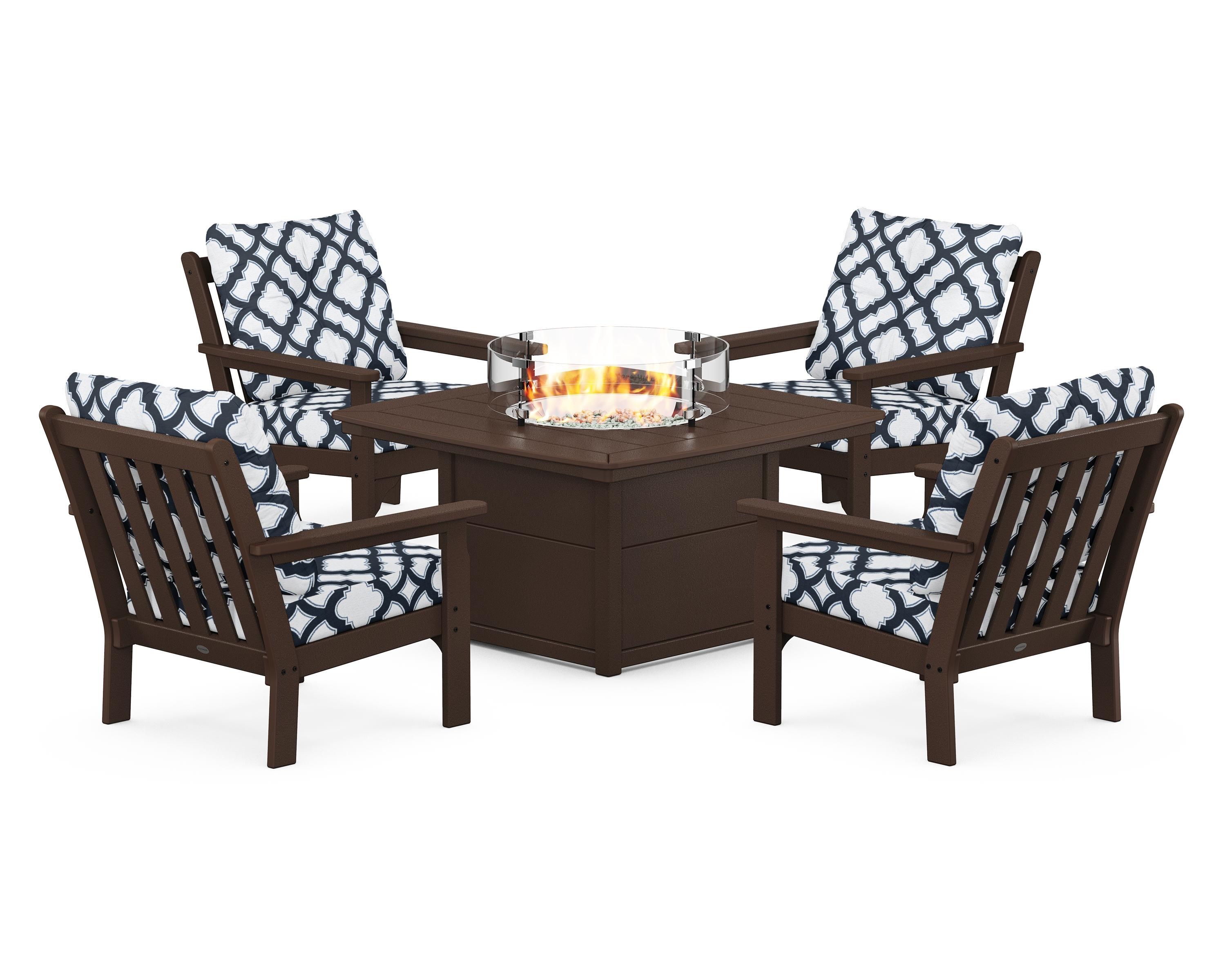 POLYWOOD® Vineyard 5-Piece Conversation Set with Fire Pit Table in Mahogany / Trellis Marine Indigo