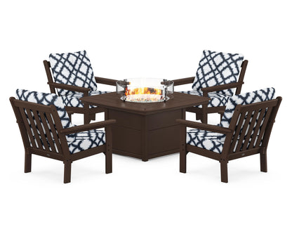 POLYWOOD® Vineyard 5-Piece Conversation Set with Fire Pit Table in Mahogany / Trellis Marine Indigo