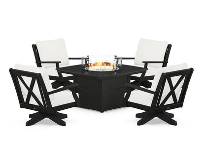 POLYWOOD® Braxton 5-Piece Deep Seating Swivel Conversation Set with Fire Pit Table in Black / Natural Linen