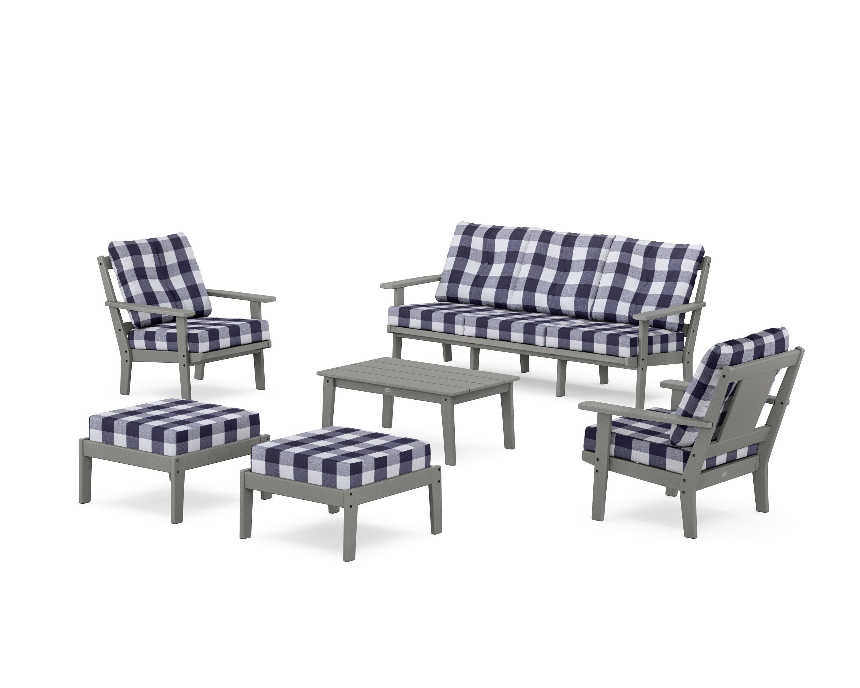 POLYWOOD® Prairie 6-Piece Lounge Sofa Set in Slate Grey / Buffalo Plaid Navy