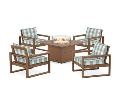 POLYWOOD® EDGE Sectional 5-Piece Deep Seating Set with Fire Pit Table in Teak / Buffalo Plaid Glacier Spa