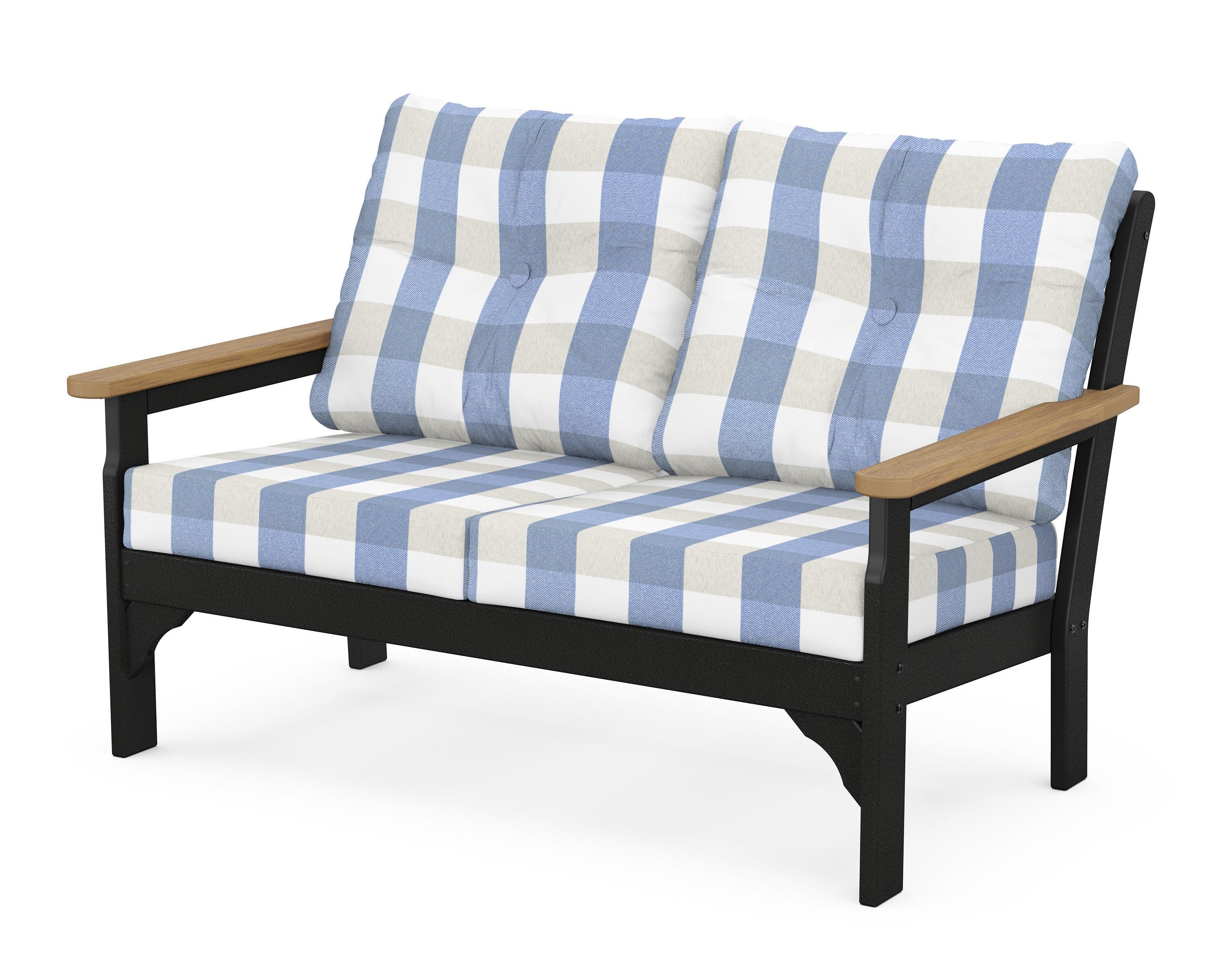 POLYWOOD® Vineyard Deep Seating Loveseat in Black / Natural / Buffalo Plaid Sky Blue