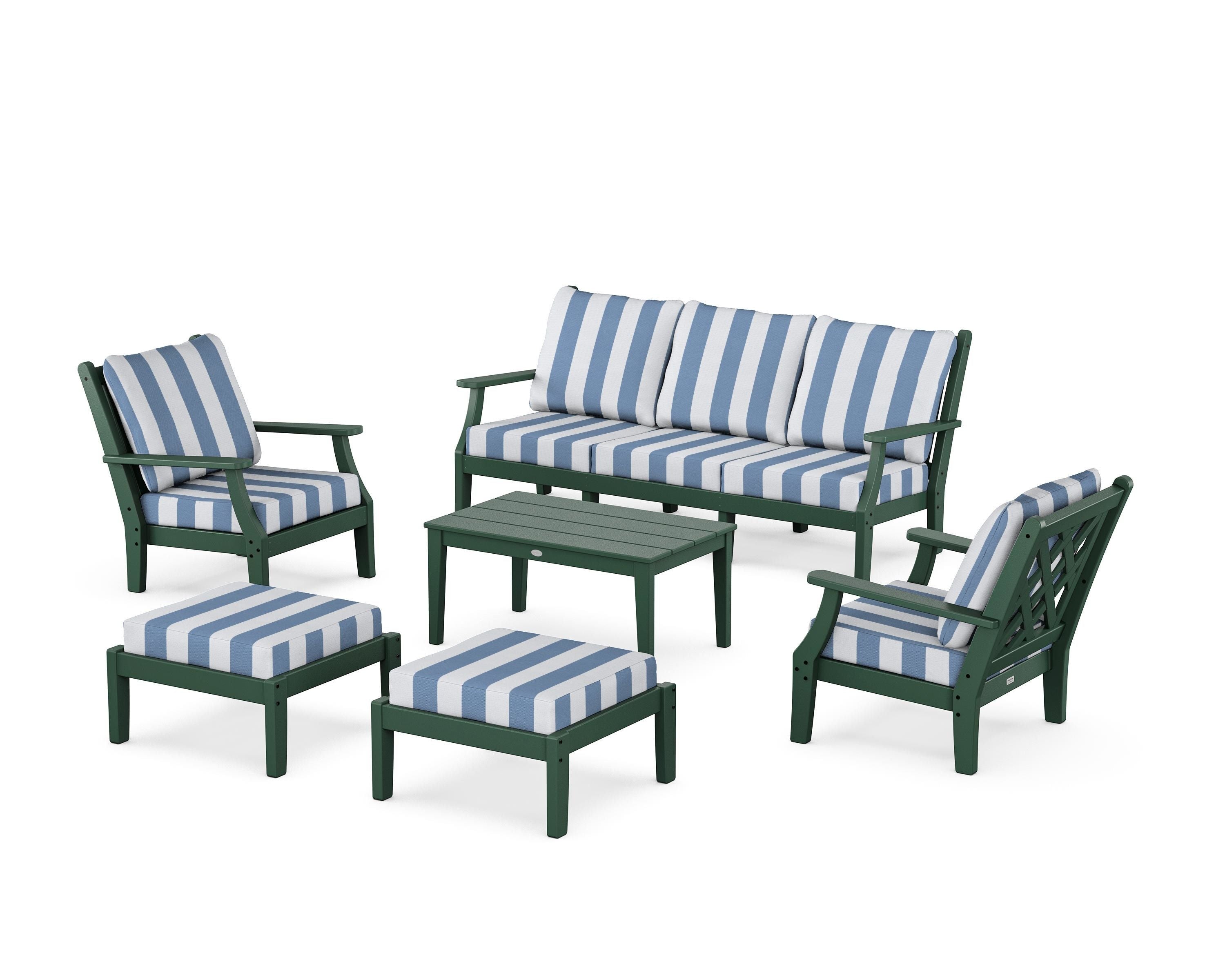 Country Living Wovendale 6-Piece Lounge Sofa Set in Green / Cabana Stripe Sky Blue