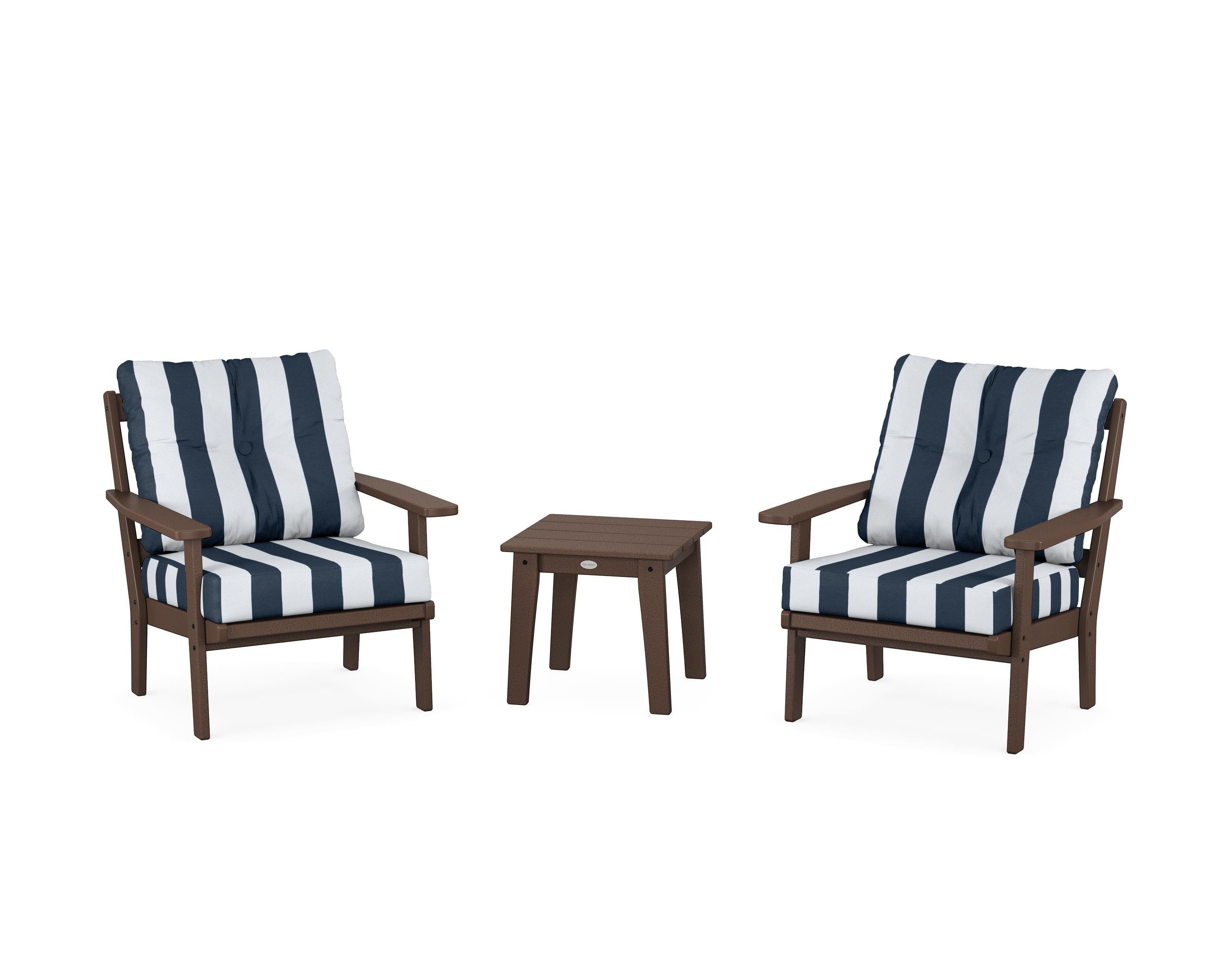 POLYWOOD® Oxford 3-Piece Deep Seating Set in Mahogany / Cabana Stripe Marine Indigo