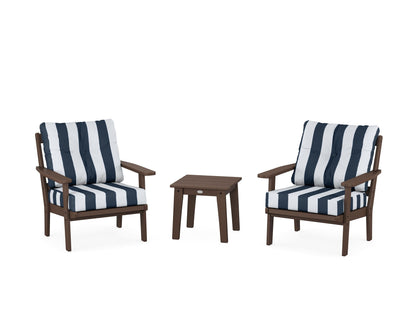 POLYWOOD® Oxford 3-Piece Deep Seating Set in Mahogany / Cabana Stripe Marine Indigo