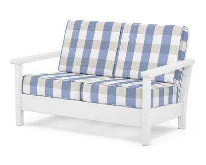 POLYWOOD® Harbour Deep Seating Loveseat in White / Buffalo Plaid Sky Blue