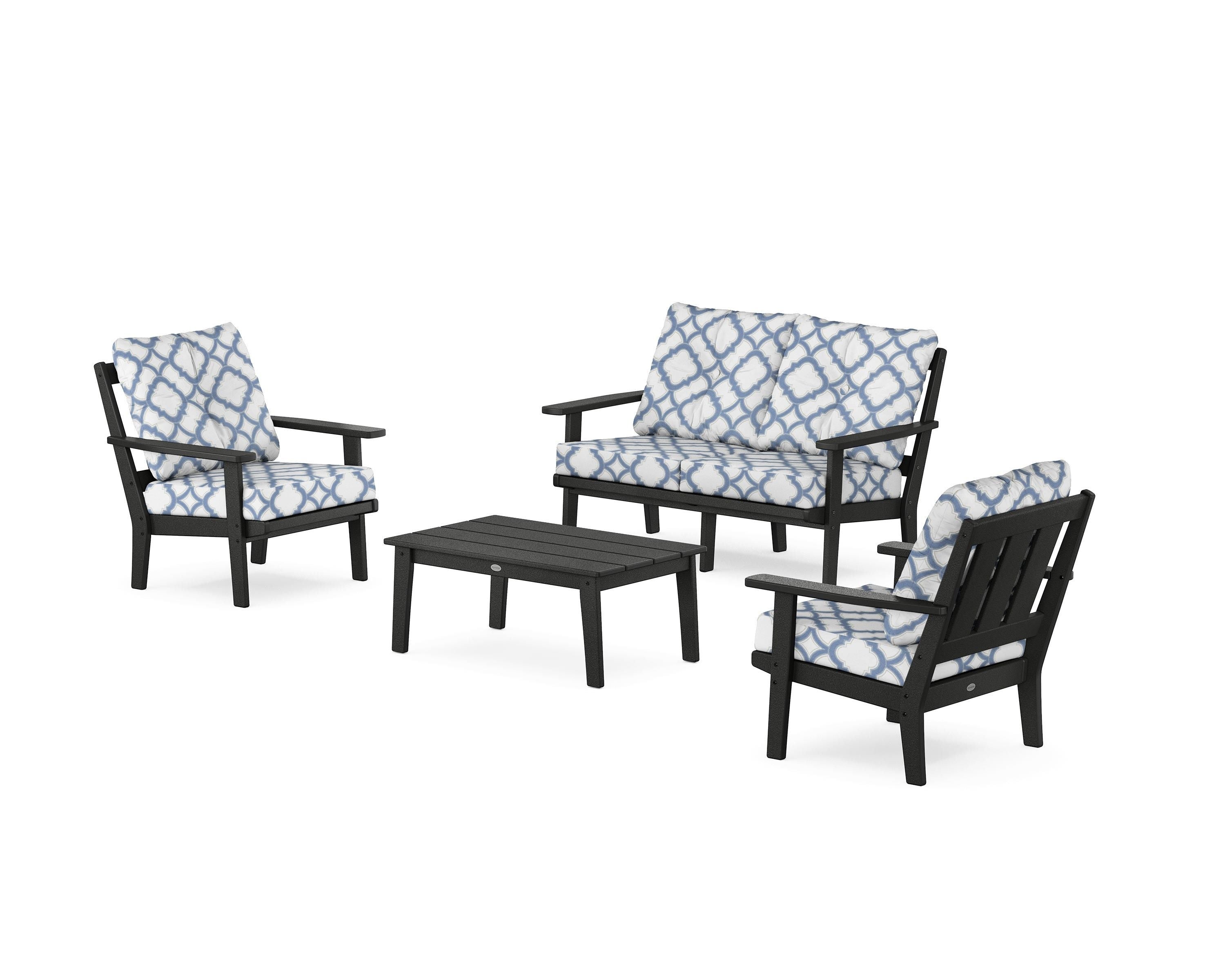 POLYWOOD® Oxford 4-Piece Deep Seating Set with Loveseat in Black / Trellis Sky Blue