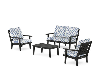 POLYWOOD® Oxford 4-Piece Deep Seating Set with Loveseat in Black / Trellis Sky Blue